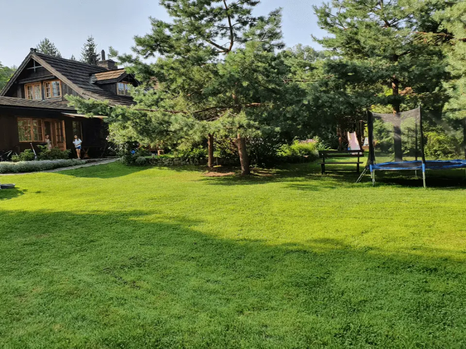 Wejście do karpackiego dworku od strony ogrodu oraz dwa rozłożone leżaki