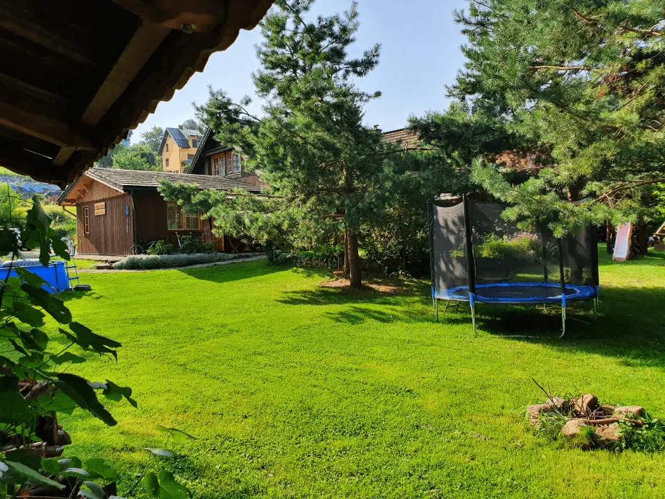 Trampolina oraz basen w ogrodzie karpackiego dworku, na trampolinę pada cień z położonego obok drzewa